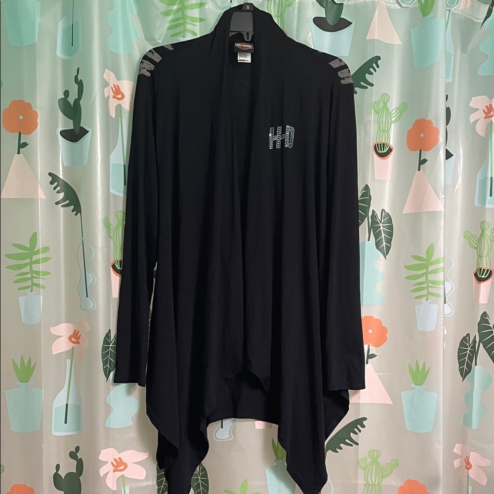 Harley Davidson Black Draped Open-Front Cardigan with Embellished HD Logo